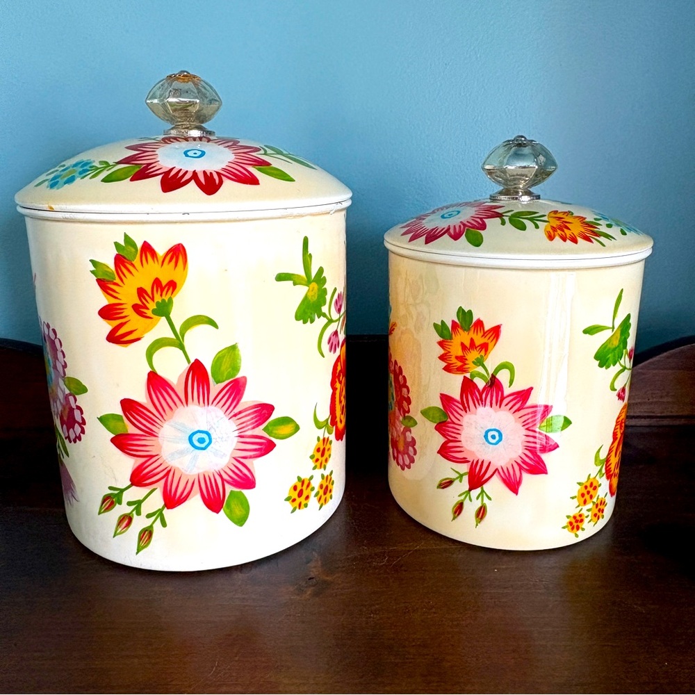 PIER 1 Enamel Metal CANISTERS Set of 2 Mercury GLASS Knobs LEXIE Floral Pattern